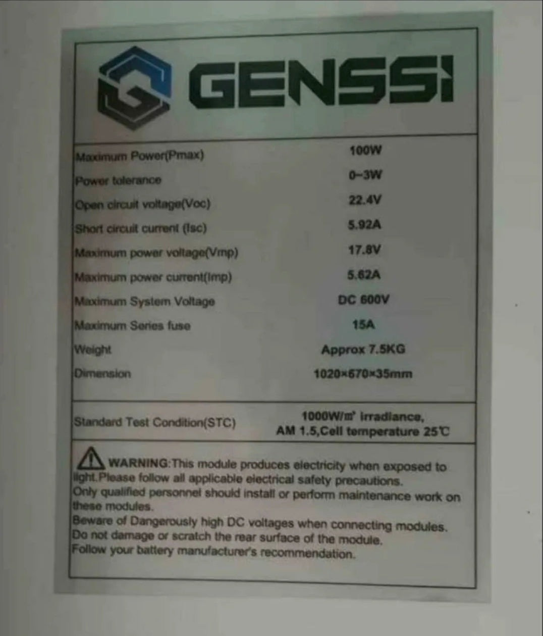 Panel solar premium Genssi 100w